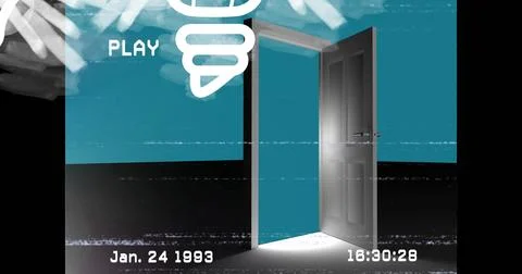 Image of interference over shapes and door on blue background Ilustração Stock