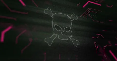 Image of interference over skull icon, data processing and computer circuit Stock Illustration