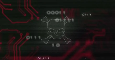 Image of interference over skull icon, data processing and computer circuit Stock Illustration