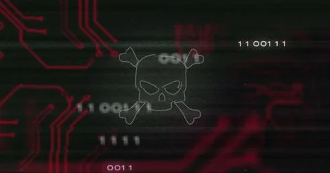 Image of interference over skull icon, data processing and computer circuit 库存插图