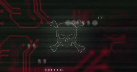 Image of interference over skull icon, data processing and computer circuit Stock Illustration