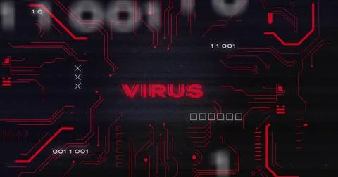 Image of interference over virus text, data processing and computer circuit Illustrazione stock