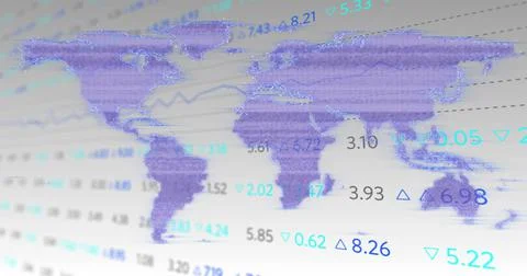 Image of interference over world map and stock market Ilustração Stock