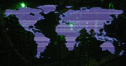 Image of interference over world map and server room Stock Photos