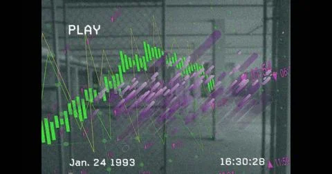 Image of interference with purple lines and data processing over building Stock Photos