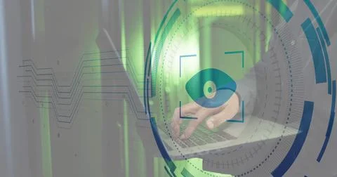 Image of iris scanner against mid section of male engineer using laptop at Stock Illustration