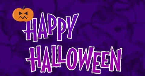 Image of jack o lanterns moving over happy halloween and bats on purple Stock Photos