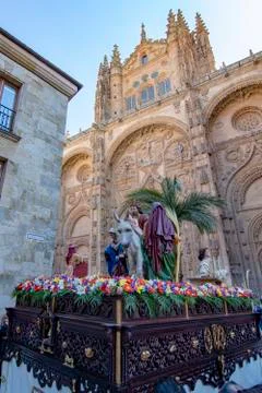 Image of Jesus riding a donkey, during the celebration of Palm Sunday, in  Sa Stock Photos