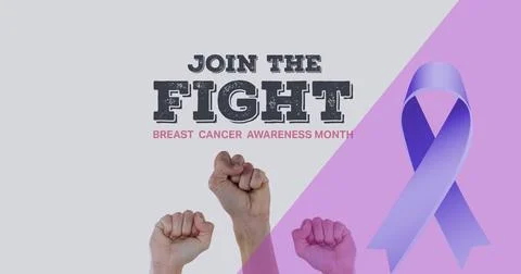 Image of join the fight and hands over beige and pink background with ribbon Stock Photos