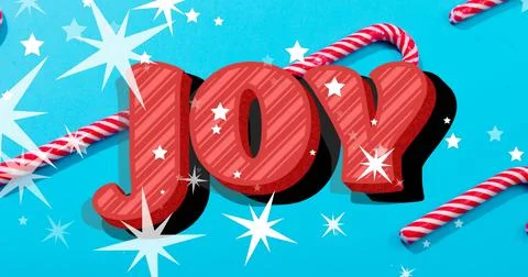 Image of joy text over stars falling and candy canes on blue background at Stock Illustration