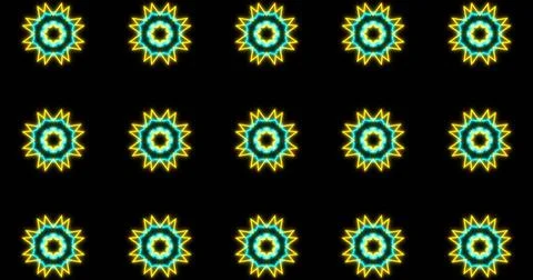 Image of kaleidoscope neon pattern moving in hypnotic motion on seamless loop Illustrazione stock