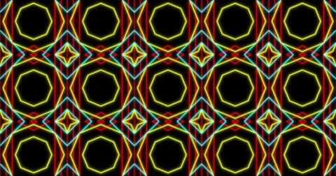 Image of kaleidoscope neon pattern moving in hypnotic motion on seamless loop Illustrazione stock
