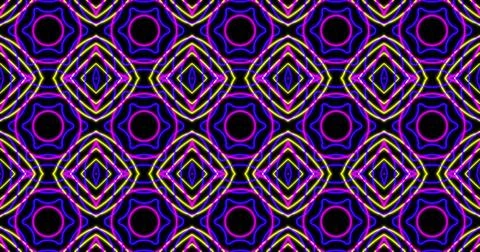 Image of kaleidoscope neon pattern moving in hypnotic motion on black background Stock Illustration