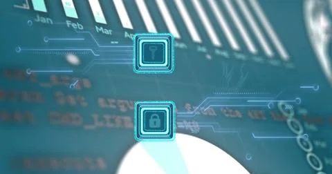 Image of key and padlock icon over data processing Stock Illustration