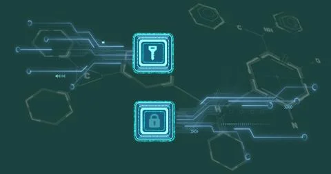 Image of key and padlock icons over chemical formula on green background Stock Illustration