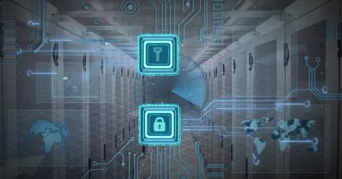 Image of key and padlock in square, globes, map and circuit board pattern over Foto stock