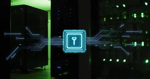 Image of key with connections over server room Stock Illustration