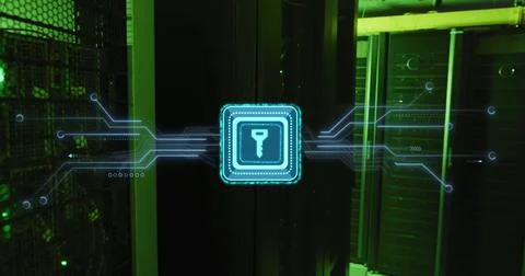 Image of key with connections over server room Stock Illustration
