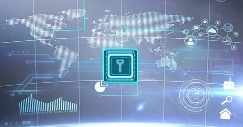 Image of key icon and data processing over world map Illustrazione stock