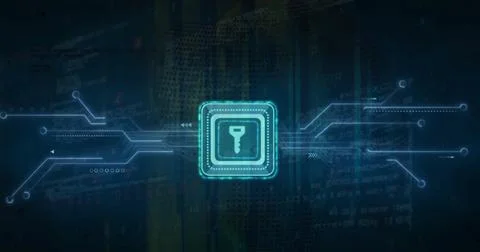 Image of key icon and digital data processing over computer circuit board Illustrazione stock