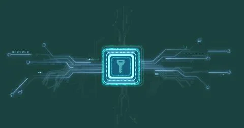 Image of key icon with computer circuit board on green background Illustrazione stock