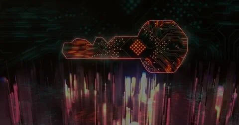 Image of key icon with computer circuit board over light trails on black Stock Photos