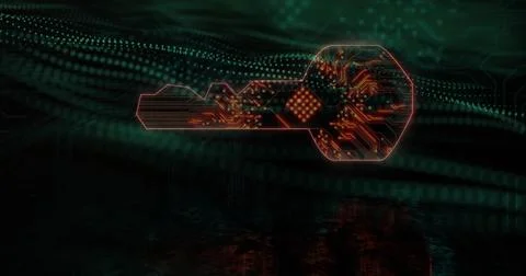 Image of key icon with computer circuit board over spots on black background Foto stock