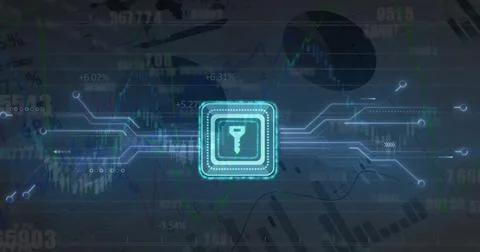 Image of key icon, digital data processing and circuit board over computer Stock Photos
