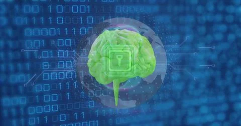 Image of key icon, human brain, binary coding and data processing Stock Photos