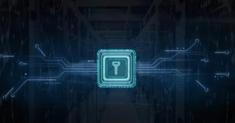 Image of key icon over computer circuit board and data processing 库存插图