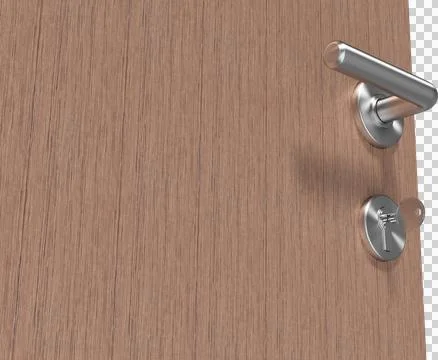 Image of key inserted into door lock of wooden door with metal handle Illustration