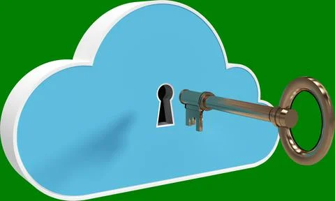 Image of key inserting into keyhole in blue cloud icon Stock Photos