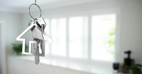 Image of key with keychain in shape of house over kitchen interior 스톡 일러스트