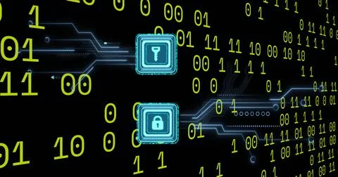 Image of key, padlock icons, binary coding over circuit board on black Stock-Illustration