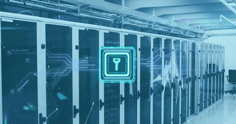 Image of key in square, circuit board pattern and connected dots over data Stock Photos