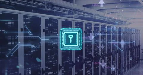 Image of key in square, connected arrows, circuit board pattern over data server Stock Photos
