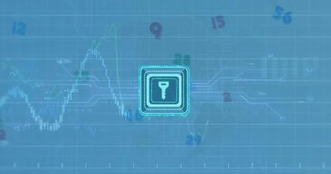 Image of key in squares, multiple graphs with changing numbers, circuit boa.. Foto stock