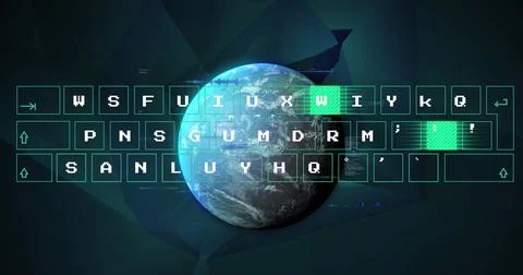 Image of keyboard over globe and shapes on black background Stock Photos