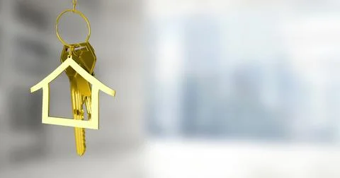 Image of keys with house keychain over blurred background Illustrazione stock