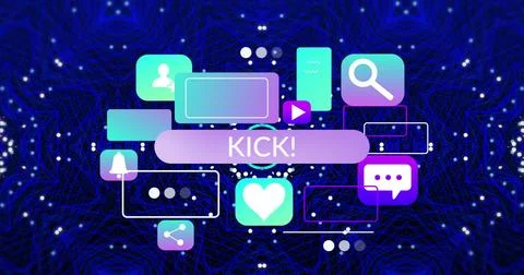 Image of kick text, application icons over mandala patterns and dots against 스톡 사진