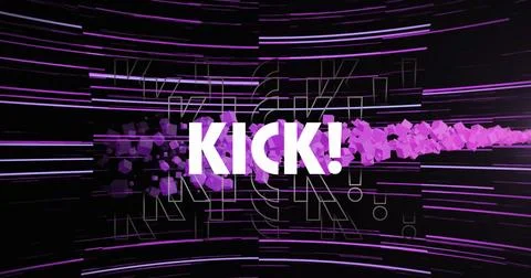 Image of kick text with exclamation over lens flare moving and cubes against Foto stock