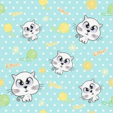Image of kittens on a seamless polka dot background. Vector cat with a ball o Stock Illustration