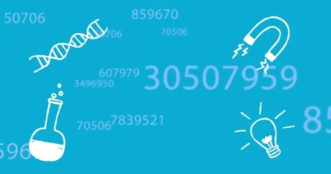 Image of lab icons and data processing on blue background Stockfoto's