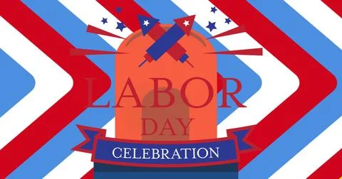 Image of labor day celebration text and police siren over blue, red and white Illustration