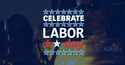 Image of labor day text over people working in workshop Stock Photos