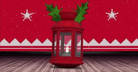 Image of lantern over christmas pattern and wooden floor Stockillustratie