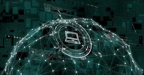Image of laptop icon and data processing over network of connections and globe Foto stock