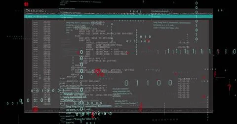 Image of layers of binary and text data processing on black background Illustrazione stock