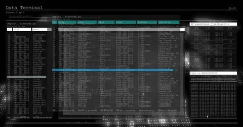 Image of layers of data processing on interface with black background Stockillustratie