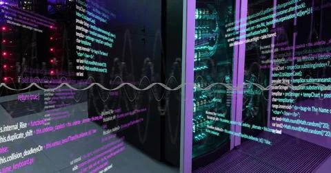 Image of layers of data processing on interface screens over computer server Stock Photos